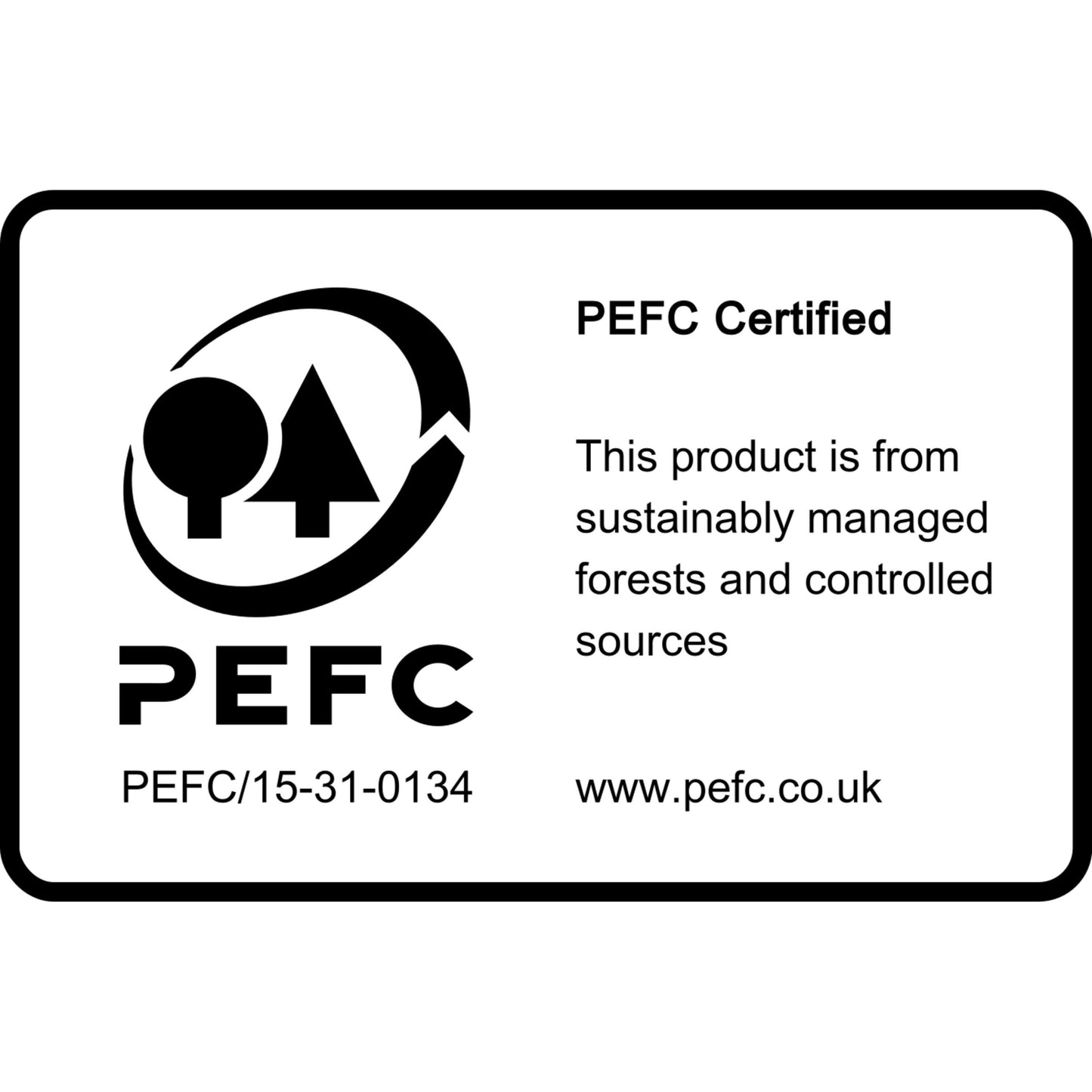 Et rektangulært PEFC-mærke med logo, certificeringsnummer SGSCH-PEFC-COC-110078 og teksten, at disse 3M Post-it® Super Sticky Notes (76x76 mm, 100% PEFC) kommer fra bæredygtigt forvaltede skove og kontrollerede kilder.