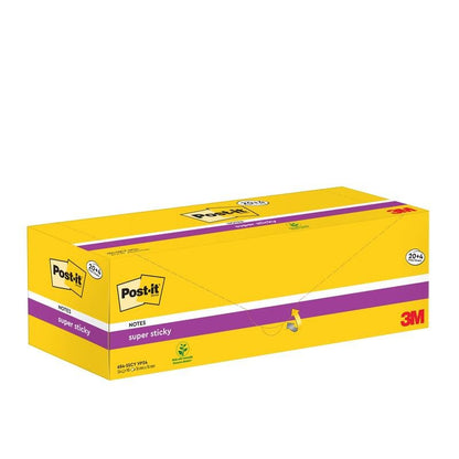 En gul, rektangulær æske med Post-it® Super Sticky Notes (76 mm x 76 mm, 90 ark/blok, 100% PEFC) fra 3M Deutschland GmbH viser mærkelogoet, produktdetaljer, det grønne certificeringssymbol og henviser til en kampagnepakke.