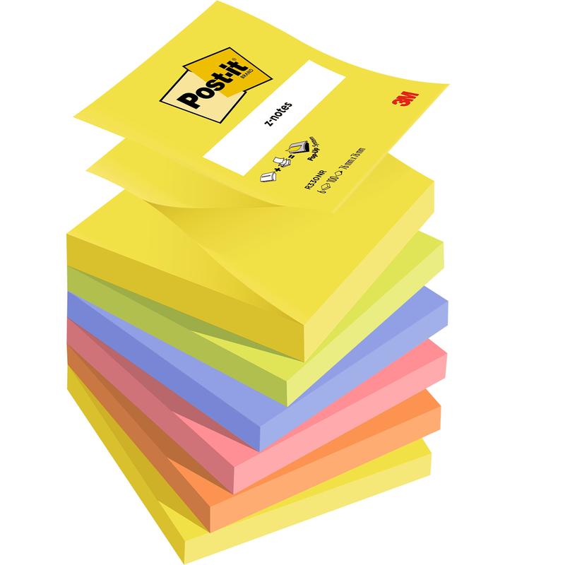 En stak Post-it® Z-Notes i forskellige neonfarver (gul, pink, orange, blå, lilla), hver 76x76 mm med 100 ark pr. blok og 6 blokke pr. pakke. PEFC-certificeret (100%) af 3M Deutschland GmbH for bæredygtig indkøb.