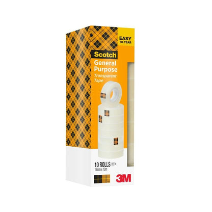 En pakke med 10 ruller Scotch® 508 Transparent tape (15 mm x 10 m) fra 3M Deutschland GmbH leveres i en gul ternet kartonæske med mærkaten "Easy to Tear".