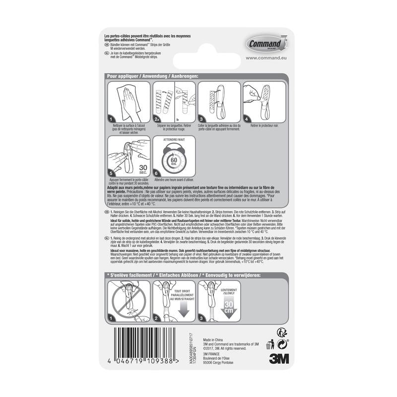 Command™ kabelholdere, 17304-FR-pakningen fra 3M Deutschland GmbH indeholder instruktioner på fransk, tysk og hollandsk til montering og fjernelse af klæbekroge med illustrationer til kabelorganisation og produktdetaljer nederst.