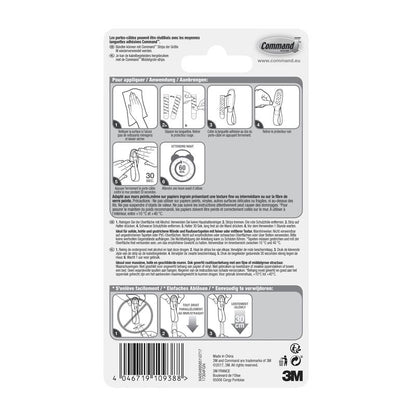 Command™ kabelholdere, 17304-FR-pakningen fra 3M Deutschland GmbH indeholder instruktioner på fransk, tysk og hollandsk til montering og fjernelse af klæbekroge med illustrationer til kabelorganisation og produktdetaljer nederst.