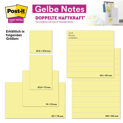 En grafik viser 3M Post-it® Super Sticky Notes (76 mm x 76 mm, 90 ark/blok, 100 % PEFC) og fremhæver deres stærke hæftning og blankooption. Øverst til højre ses flere gule sedler på et skrivebord.