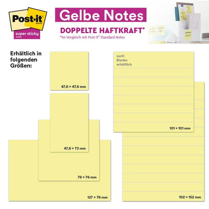 Reklamebillede for Post-it® Super Sticky Notes fra 3M Deutschland GmbH, 76 x 127 mm, 90 ark/blok, 100% PEFC, med produkt- og emballagefotos. Andre tilgængelige størrelser er: 47,6 x 47,6 mm, 47,6 x 73 mm, og 101 x 101 mm.