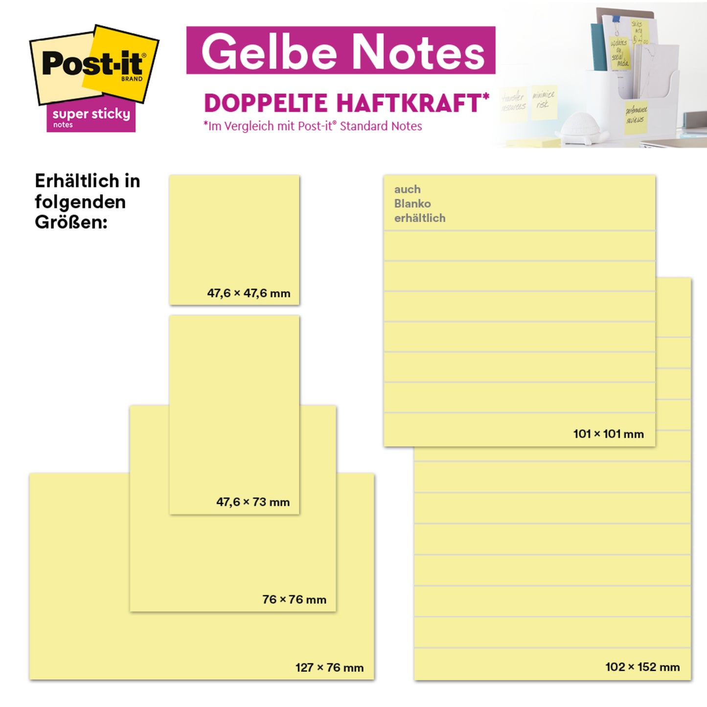 Ein Werbebild für die 3M Deutschland GmbH Post-it® Notes in Gelb zeigt vier Größen (47,6×47,6 mm, 47,6×77 mm, 127×76 mm, 101×101 mm), mit Produktinformationen in deutscher Sprache und 100% PEFC zertifiziertem Papier auf einem Schreibtisch.