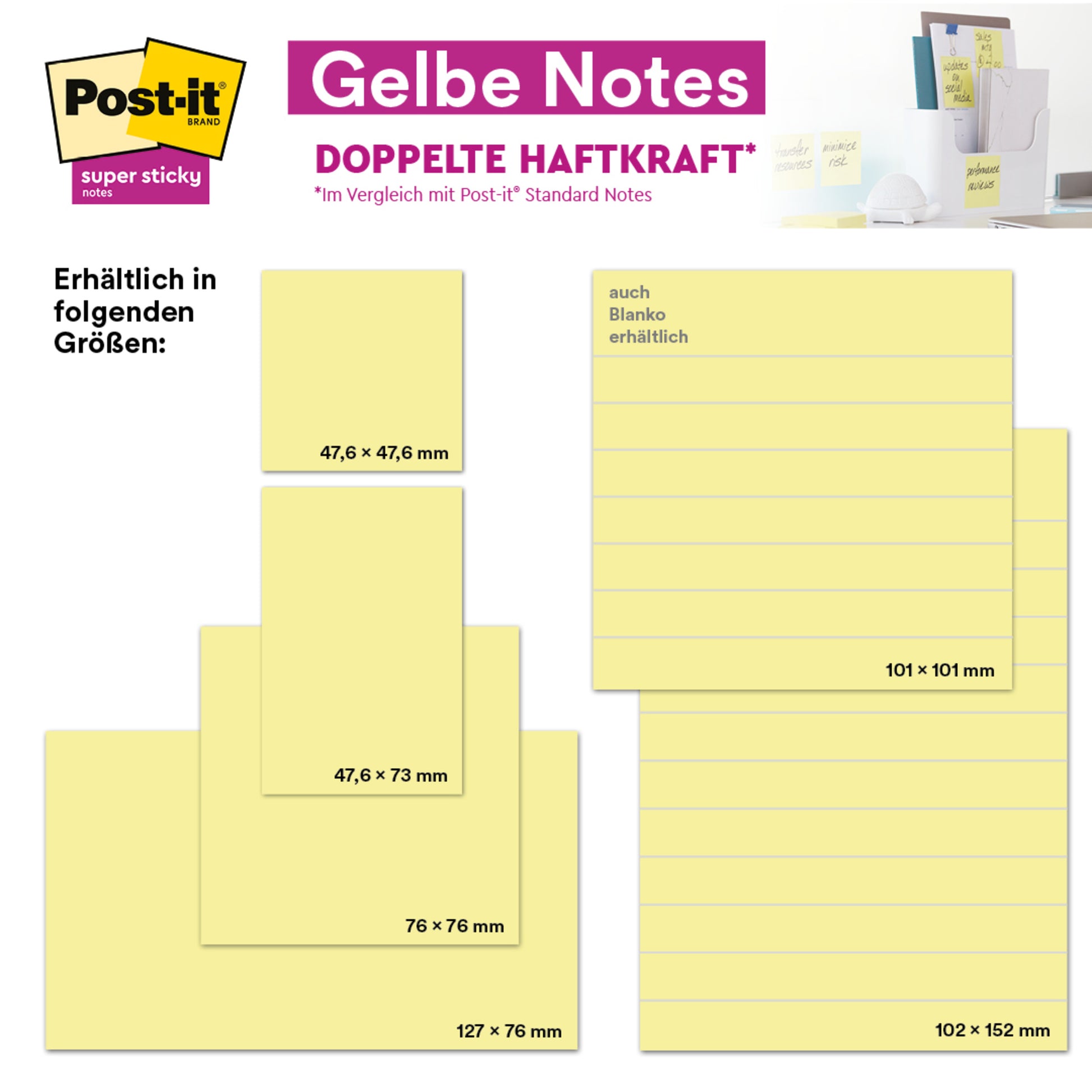 Eine Grafik zeigt Post-it® Notes Gelb (38 mm x 51 mm) von 3M Deutschland GmbH: 16 Blöcke + 4 gratis pro Packung mit je 100 Blatt, PEFC-zertifiziert. Rechts oben ist ein Schreibtischbild abgebildet.