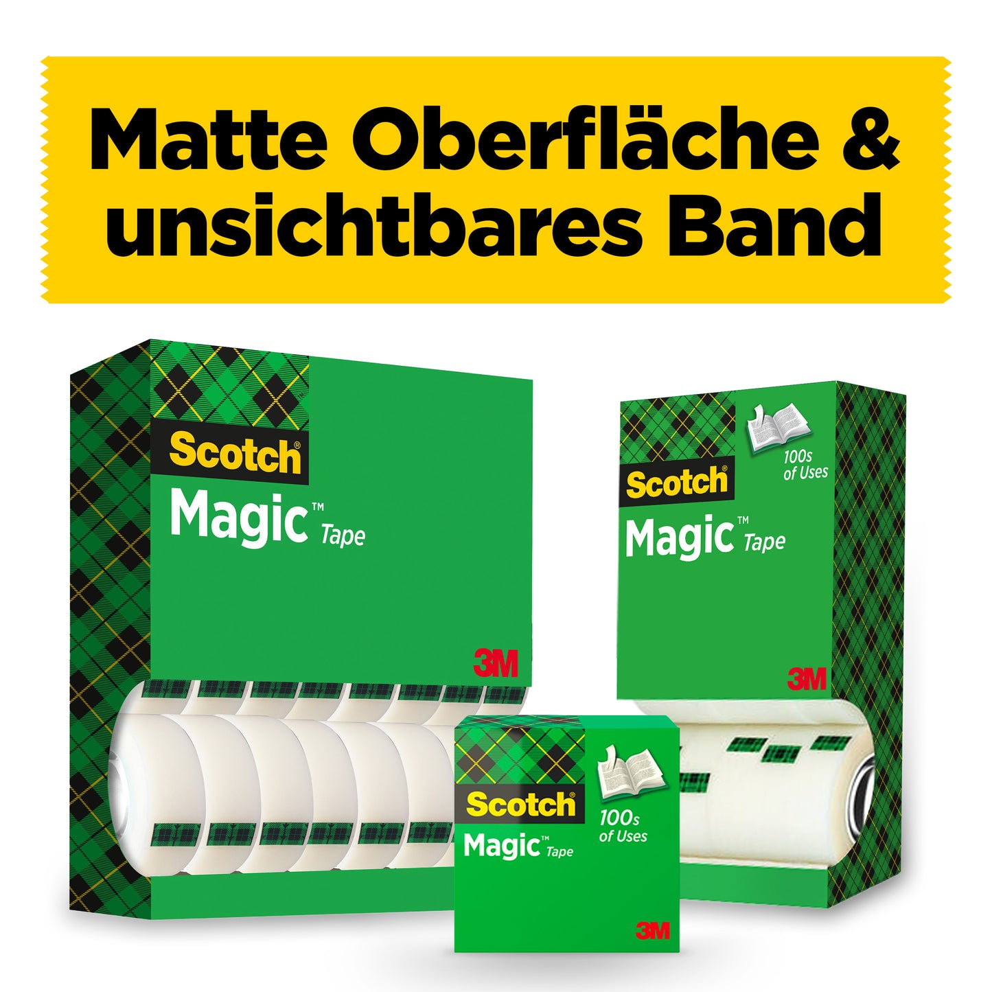 Drei grüne Schachteln Scotch® Magic™ Unsichtbares Klebeband von 3M Deutschland GmbH mit Plaid-Design und sichtbaren Rollen werden gezeigt. Der Vorteilspack enthält 8 Rollen (19 mm x 33 m), Text: "Matte Oberfläche & unsichtbares Band.