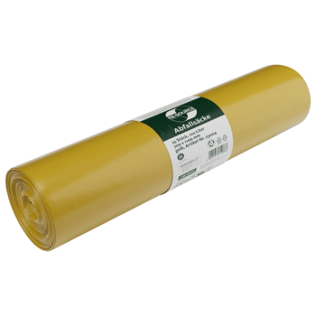 En rulle DEISS 23004 gule affaldsposer (700x1100 mm, Type 60, 25 styk) fra EMIL DEISS KG (GmbH + Co.) med en hvid-grøn etiket, der normalt bruges som beskyttelsesfolie eller afdækningsfolie i byggebranchen, på lysegrå baggrund.