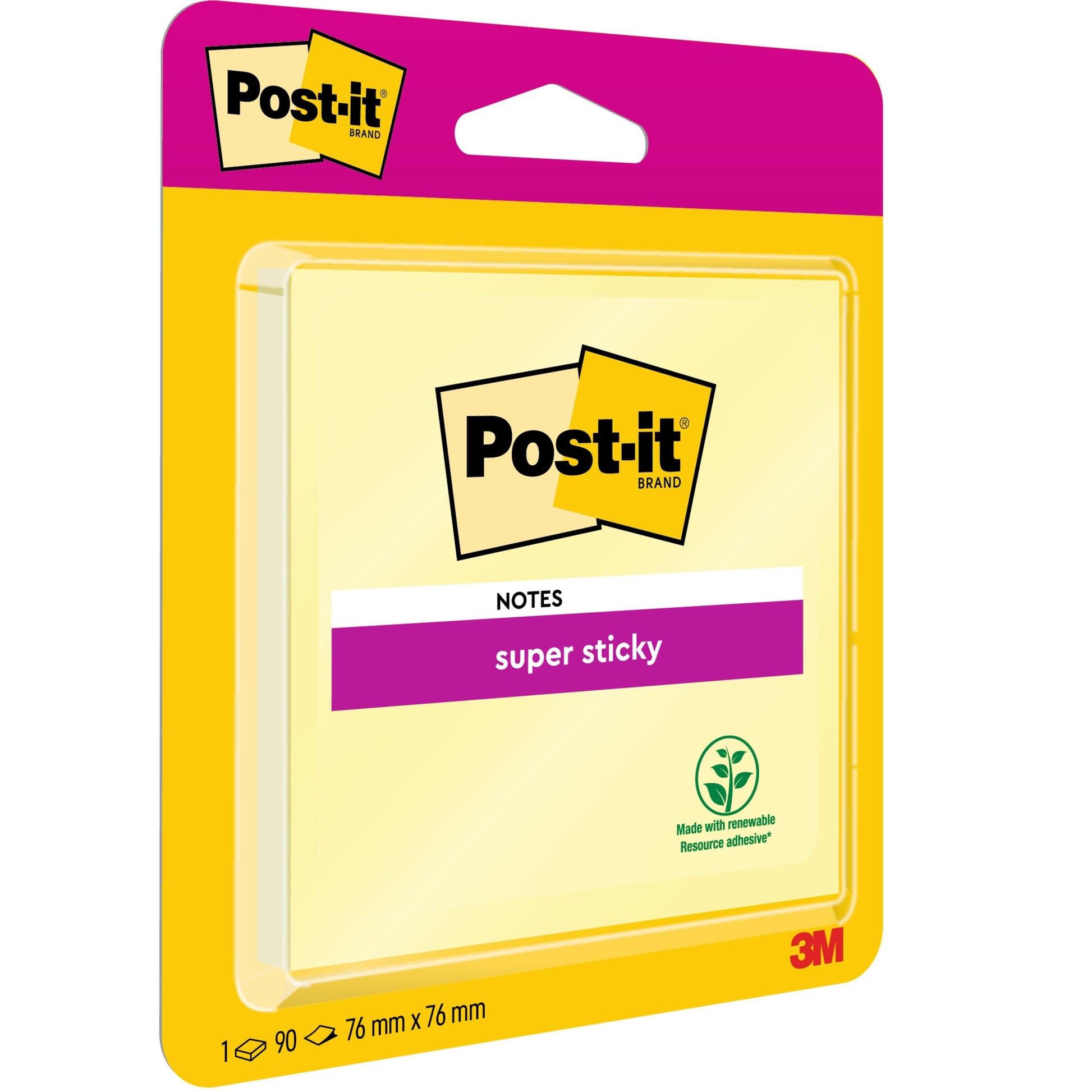 Eine Packung 3M Post-it® Super Sticky Notes in gelb, 76 x 76 mm, mit 90 Blatt (1 Block), mit Klebstoff aus erneuerbaren Ressourcen und PEFC-Zertifizierung.