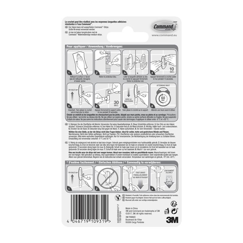 Bagsiden af en Command™ Bad Medium Designer-kroge, 17081B fra 3M Deutschland GmbH-pakning viser illustrerede trin for opsætning og nedtagning, flersproget tekst, sikkerhedsadvarsler og en stregkode nederst.