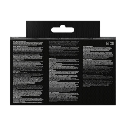 Rückseite der 3M™ Cool Flow™ Partikelmaske 9922, FFP2-Verpackung von 3M Deutschland GmbH: schwarzer Hintergrund, weißer mehrsprachiger Text, Warnsymbole; Hervorhebungen FFP2-Schutz, geruchshemmendes Ventil, und Display-Aufhängelasche.