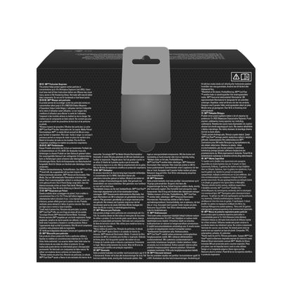 Die Abbildung zeigt die Rückseite einer 3M™ Aura™ Comfort Cool Flow™ Partikelmaske 9322+ FFP2 mit Ventilbox der 3M Deutschland GmbH. Die schwarze Schachtel hat eine graue Aufhängelasche, weißen mehrsprachigen Text in Spalten und zwei Symbole in der rechten oberen Ecke.