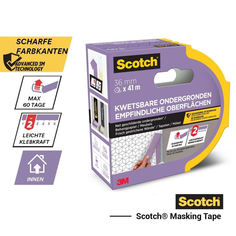 Scotch® malertape til sarte overflader, 36 mm x 41 m, 1 rulle/pakke fra 3M Deutschland GmbH: skarpe farvekanter, let klæber, kan fjernes uden rester - ideel til indendørs brug. 100% PEFC-certificeret. Hollandsk/tysk emballage.