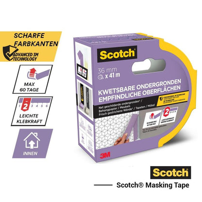Scotch® malertape til sarte overflader, 36 mm x 41 m, 1 rulle/pakke fra 3M Deutschland GmbH: skarpe farvekanter, let klæber, kan fjernes uden rester - ideel til indendørs brug. 100% PEFC-certificeret. Hollandsk/tysk emballage.