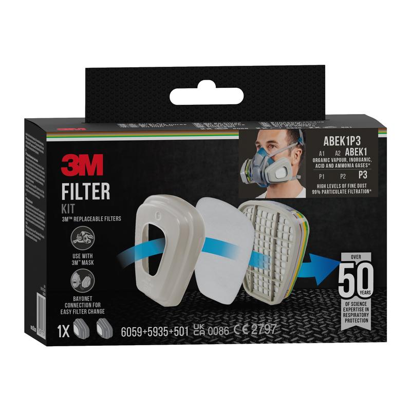 En 3M™ filtersæt 6004-1 boks viser en maske-filter monteringsskitse, produktinformationer og et foto af en åndedrætsværnsbærer. Teksten fremhæver ABEK1P3 kombinationsfilteret og den over 50-årige beskyttelsesekspertise fra 3M Deutschland GmbH.