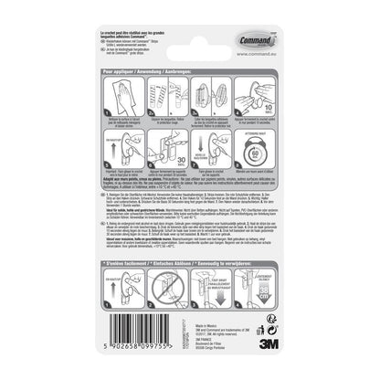 Bagsiden af en Command™ tøjkrog, 17019-FGN-pakke fra 3M Deutschland GmbH viser en trin-for-trin billedvejledning til vægmontering uden boring, advarsler, produktdetaljer, stregkoden og 3M-logoet i sort-hvid.