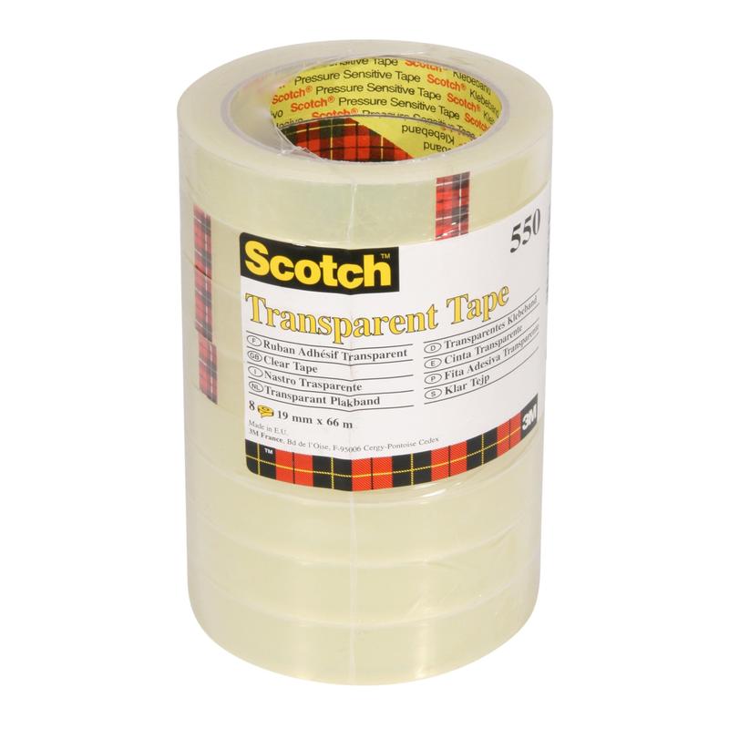 En pakke med 8 ruller 3M Deutschland GmbH Scotch® Transparent tape 550 med målene 19 mm x 66 m leveres i en gennemsigtig plastikemballage med gult etiket, sort tekst og rød-gul-sort ternet kant.