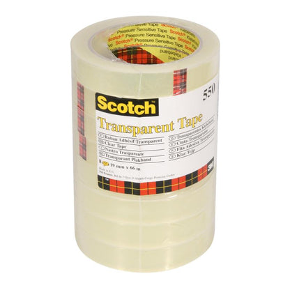 En pakke med 8 ruller 3M Deutschland GmbH Scotch® Transparent tape 550 med målene 19 mm x 66 m leveres i en gennemsigtig plastikemballage med gult etiket, sort tekst og rød-gul-sort ternet kant.