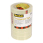 En pakke med 8 ruller 3M Deutschland GmbH Scotch® Transparent tape 550 med målene 19 mm x 66 m leveres i en gennemsigtig plastikemballage med gult etiket, sort tekst og rød-gul-sort ternet kant.