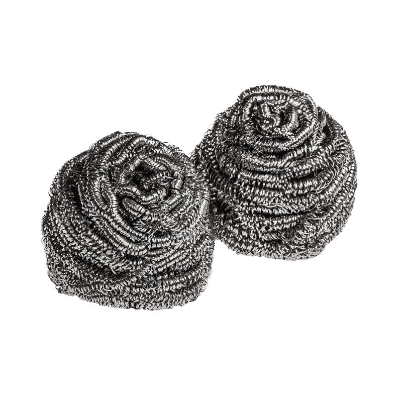 Tre Scotch-Brite® rustfrit stål spiraler fra 3M Deutschland GmbH ligger side om side på hvid baggrund - ideel til grundig rengøring af kogegrej og overflader, pakken indeholder 3 stykker.