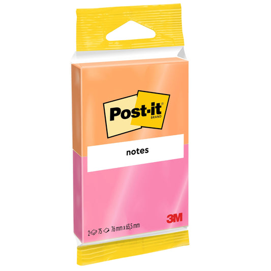 Eine Packung 3M Deutschland GmbH Post-it® Notes, Joyful Collection, 76x63,5mm, 75 Blatt/Block, 2 Blöcke/Packung, in orange und pink mit "notes"-Etikett und PEFC-zertifizierter (SGSCH-PEFC-COC-110078) teiltransparenter Verpackung.