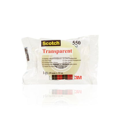 Eine versiegelte Packung Scotch® Transparentes Klebeband 550 der 3M Deutschland GmbH, 19 mm x 33 m, mit mehrsprachigem Text und rotem 3M-Logo unten rechts, ist auf weißem Hintergrund abgebildet.