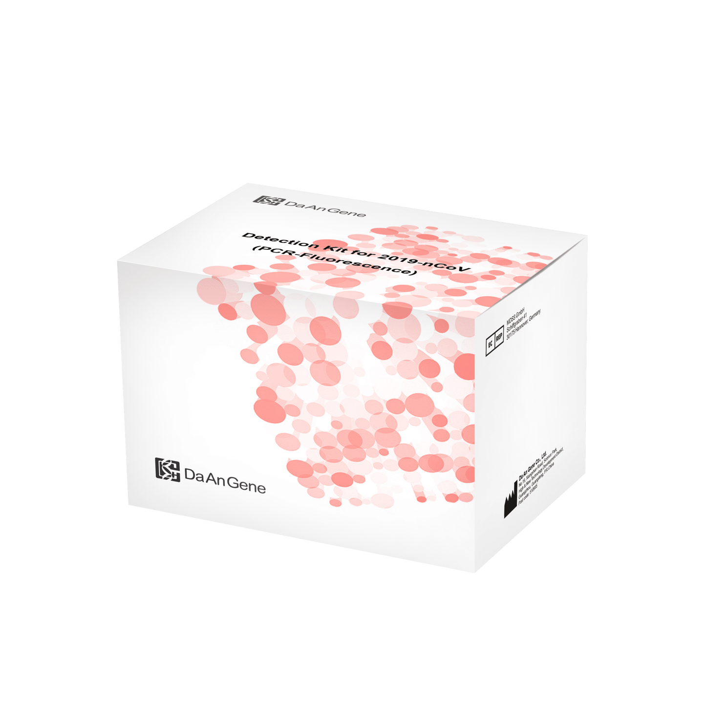 På grøn baggrund er der afbildet en hvid emballageæske til „Påvisningssæt (PCR-Fluorescens) DaAn Gendiagnostik-Kit til 2019-ncov“ med 96 tests, prydet med teksten „Altruan“.