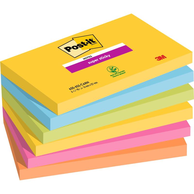 En stak af seks 3M Post-it® Super Sticky Notes (76 mm x 127 mm, 90 ark/blok, 100% PEFC) i farverne gul, grøn, blå, lilla, pink og orange; det gule forsideark viser logoet og produktdetaljer.