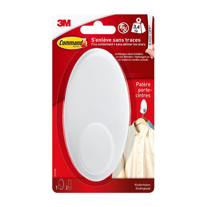 3M Command™ tøjkrog, 17019-FGN fra 3M Deutschland GmbH, holder op til 3,4 kg, kan monteres uden boring og kommer i en rød-hvid pakke med tysk-fransk tekst og et billede af en frakke på plastik krogen.