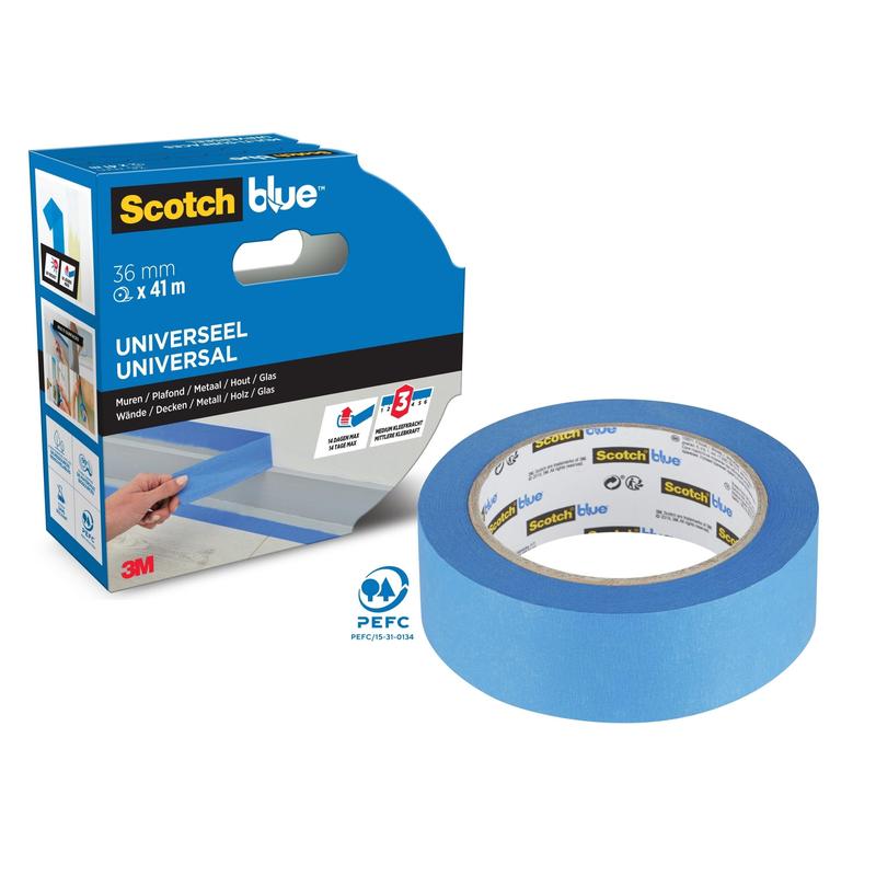 En rulle ScotchBlue™ malertape "Multi-Surface" fra 3M Deutschland GmbH er afbildet i en blå-sort emballage med 3M-logoet, en båndbredde på 36 mm og en indikation af egnethed til flere overflader.