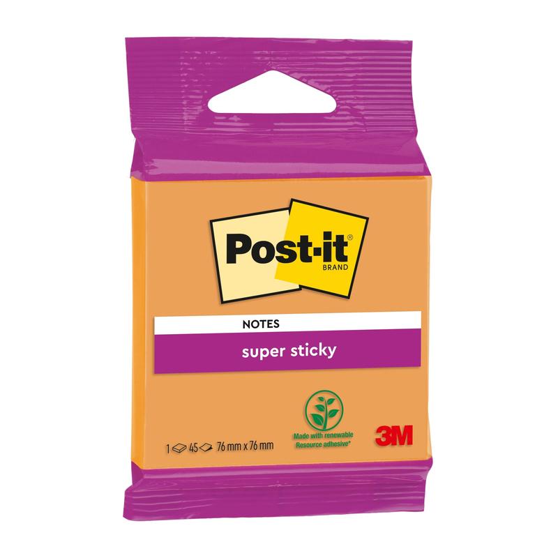 En pakke Post-it® Super Sticky Notes fra 3M Deutschland GmbH, 76 mm x 76 mm, orange med lilla etiket, med miljømærket og 45 ark af 100% PEFC-certificeret papir.