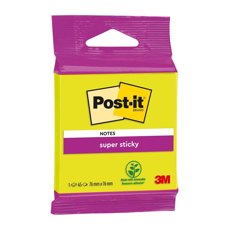 Post-it® Super Sticky Notes fra 3M Deutschland GmbH, 76 mm x 76 mm, 45 ark/blok, i gul emballage med lilla accenter, har en klæbemiddel lavet af fornybare råstoffer og er PEFC-certificeret.