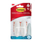 En pakke 3M Deutschland GmbH Command™ Bad Medium Designer-kroge 17081B indeholder to hvide kroge med klæbestrimler i en plastikpakke, der kan holde op til 1,3 kg og kan fjernes rent.