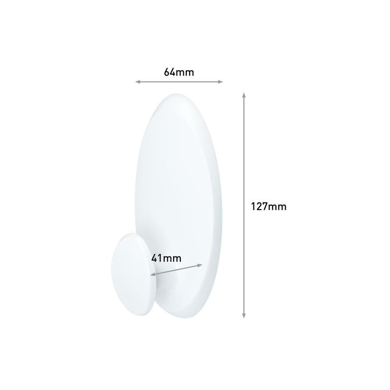 Command™ tøjkrog, 17019-FGN fra 3M Deutschland GmbH, har en hvid, oval bagvæg (127x64mm) og en rund krog (Ø41mm). Pilene viser disse dimensioner. Ideel til vægmontering uden boring.