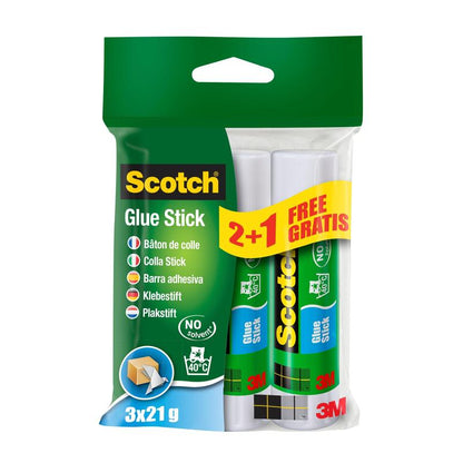 Et tre-pak Scotch® Permanent-limstift (2 stifter + 1 GRATIS, 21 g) fra 3M Deutschland GmbH kommer i en grøn-klar emballage med flersproget produktinformation og den karakteristiske permanente limstift-formel.