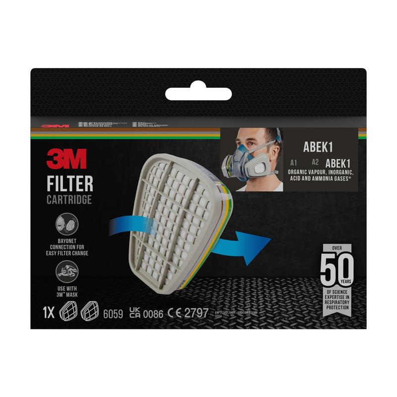 En 3M™ filterpatron 6059, ABEK1-kombinationsfilter (1 par/pakke) fra 3M Deutschland GmbH er afbildet med produktbillede, modelnummer, en person med åndedrætsværn og over 50 års erfaring med åndedrætsbeskyttelse på emballagen.