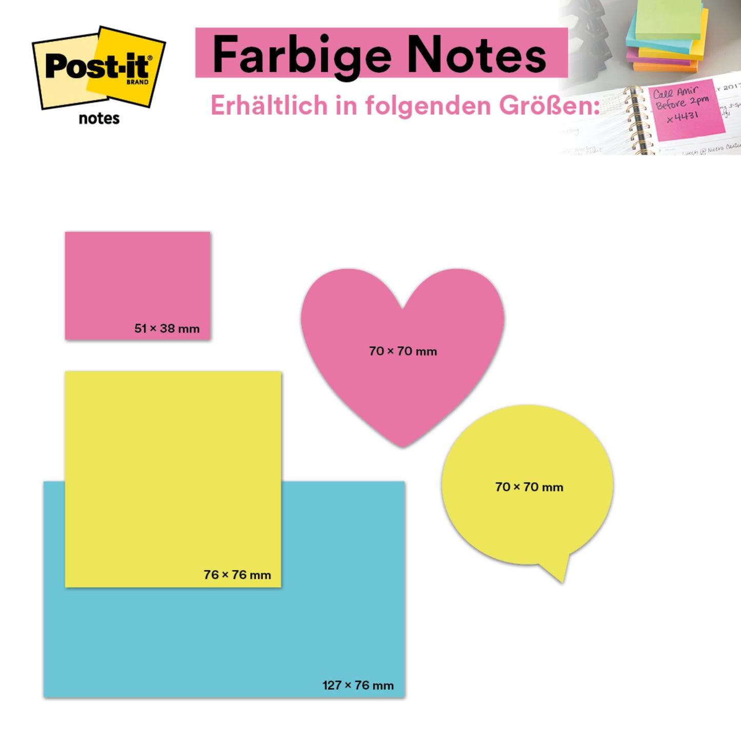 Ein Foto zeigt die PEFC-zertifizierten Post-it® Notes der 3M Deutschland GmbH in rosa, Größe 76 x 76 mm, 100 Blatt pro Block und 6 Blöcke pro Packung (SGSCH-PEFC-COC-110078), hergestellt aus 100% PEFC-zertifiziertem Papier.