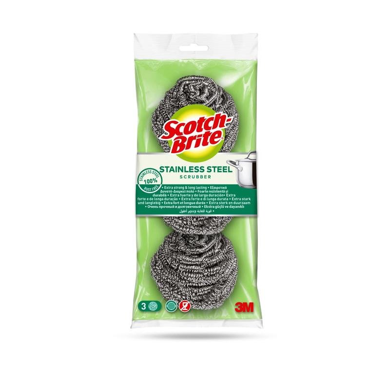 En pakke Scotch-Brite® rustfrit stål spiral fra 3M Deutschland GmbH med 3 stykker. Den grøn-klar emballage viser skurepuderne, mærket, produktinfo, grydegrafik, og er ideel til køkkenrengøring og genstridigt snavs.