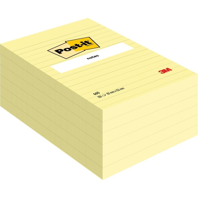 En stor stak Post-it® Notes i storformat, Gul (101 x 152 mm) fra 3M Deutschland GmbH, med en hvid etiket ovenpå og 3M-logoet i nederste højre hjørne. Pakken indeholder 600 gule ark.