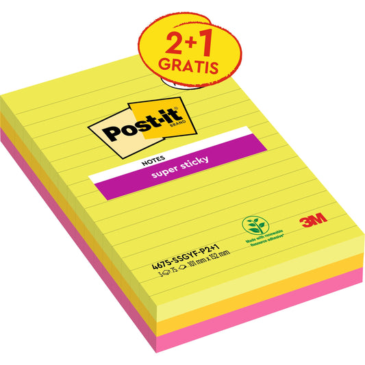 Ein 3er-Pack Post-it® Super Sticky Notes im Großformat, liniert (101x152 mm), in verschiedenen Farben von 3M Deutschland GmbH, mit je 75 Blatt. Hergestellt aus 100% PEFC-zertifiziertem Papier (SGSCH-PEFC-COC-110078).