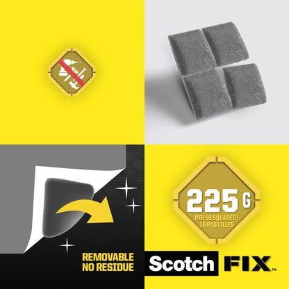 Et firparts gitter: No-Nails-symbol, 4 grå Scotch-FIX™ Aftagelige Monteringsfirkanter, en "REMOVABLE NO RESIDUE" klæbefolie og logoet "225G PER 16 SQUARES" - ideel til midlertidige monteringer. 3M Deutschland GmbH, 64 stk./pakke.