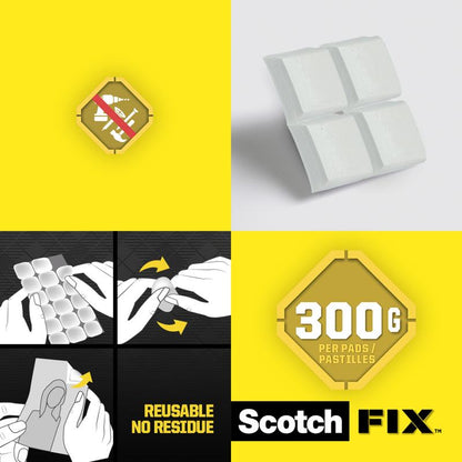 Et reklamebillede for 3M Deutschland GmbH Scotch-FIX™ Aftagelige Klæbepuder 301008C36-P (11x15mm, 36 stykker/pakke) viser hvide puder, en brugsanvisning, en vægtbegrænsning på 300g og teksten: "genanvendelig, efterlader ingen rester, stærkt klæbende.