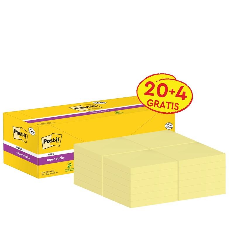Afbildet er en gul æske med Post-it® Super Sticky Notes (76 mm x 76 mm, 90 ark/blok, 100% PEFC) fra 3M Deutschland GmbH med fem stakke foran; æsken er forsynet med en rød-gul etiket "20 + 4 GRATIS".