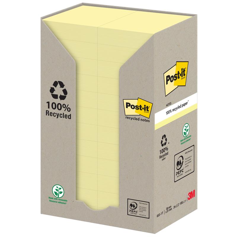 En kartondispenser holder en høj stak gule Post-it® genbrugssedler (38 mm x 51 mm, 100 ark, 100 % PEFC). På kassen er der genbrugssymboler og "100 % genbrugspapir" afbildet, 3M-logoet er nederst til højre.