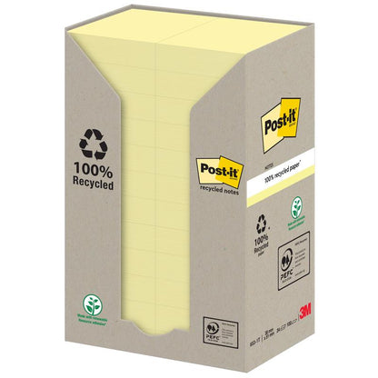 En kartondispenser holder en høj stak gule Post-it® genbrugssedler (38 mm x 51 mm, 100 ark, 100 % PEFC). På kassen er der genbrugssymboler og "100 % genbrugspapir" afbildet, 3M-logoet er nederst til højre.