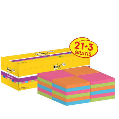 En gul pakke fra 3M Deutschland GmbH Post-it® Super Sticky Notes (76 x 76 mm, 90 ark/blok, 100% PEFC) indeholder 24 farvesorterede blokke med kampagneetiketten "21 + 3 Gratis".