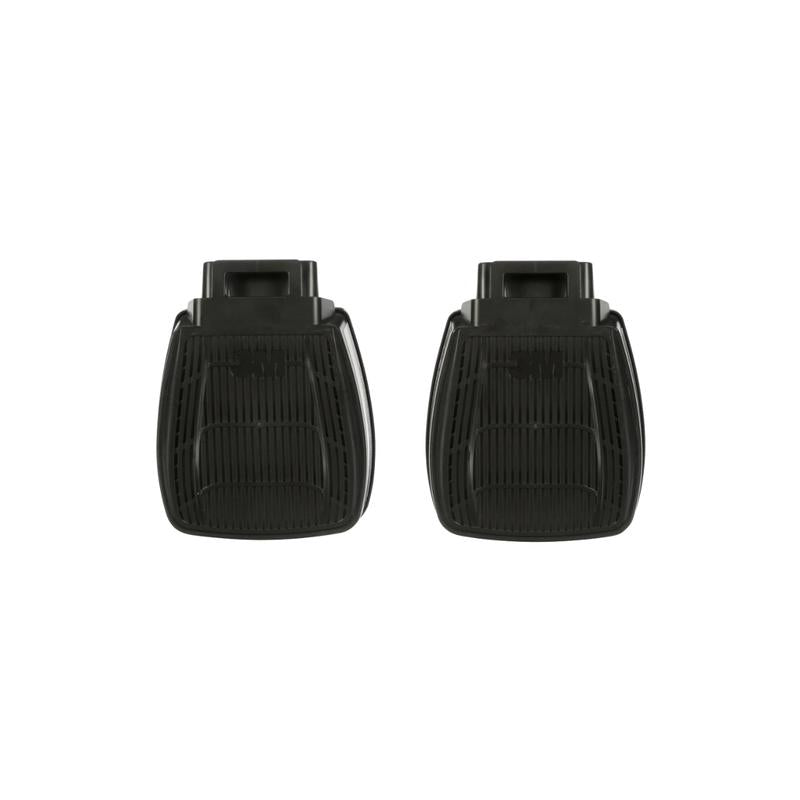 Zwei schwarze Filtergehäuse mit gerippter Oberfläche und rechteckiger Form, nebeneinander auf hellem Hintergrund dargestellt.