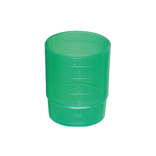 En melipul GENANVENDELIG medicinbæger, stabelbar, 25 ml, i forskellige farver fra Helmut Schwarz GmbH, fremstillet af opvaskemaskinefast polypropylen, med målemarkeringer på siden i milliliter (ml). Mærkningerne angiver fyldningsniveauerne 5 ml, 10 ml, 15 ml og 20 ml. Den stabelbare medicinbæger er tom og placeret på en hvid baggrund.