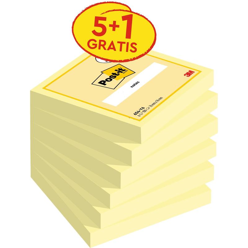 Post-it® sedler, gul, 76 mm x 76 mm, kampagne, 100 ark/pude, 5 puder + 1 gratis/pakke, 100 % PEFC, SGSCH-PEFC-COC-110078 | Pakke (6 stk.)