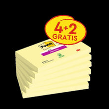 Post-it® Super Sticky Notes, gul, 76 mm x 127 mm, promovering, 90 ark/pude, 4 puder + 2 gratis/pakke, 100 % PEFC, SGSCH-PEFC-COC-110078 | Pakke (6 stk.)